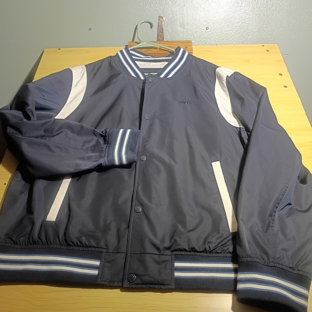 Levi's Varsity Bomber Jacket Men Large Navy Blue Striped Trim Snap Front